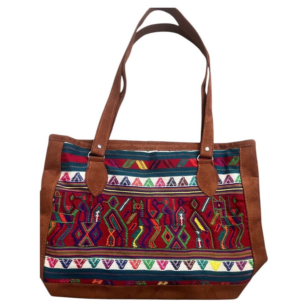 Red and Brown Shoulder Bag with Ethnic Embroidery